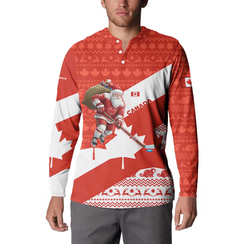 Canada Christmas Button Sweatshirt with Santa Playing Hockey Maple Leaf Flag and Red White Knit Pattern Design - Wonder Print Shop
