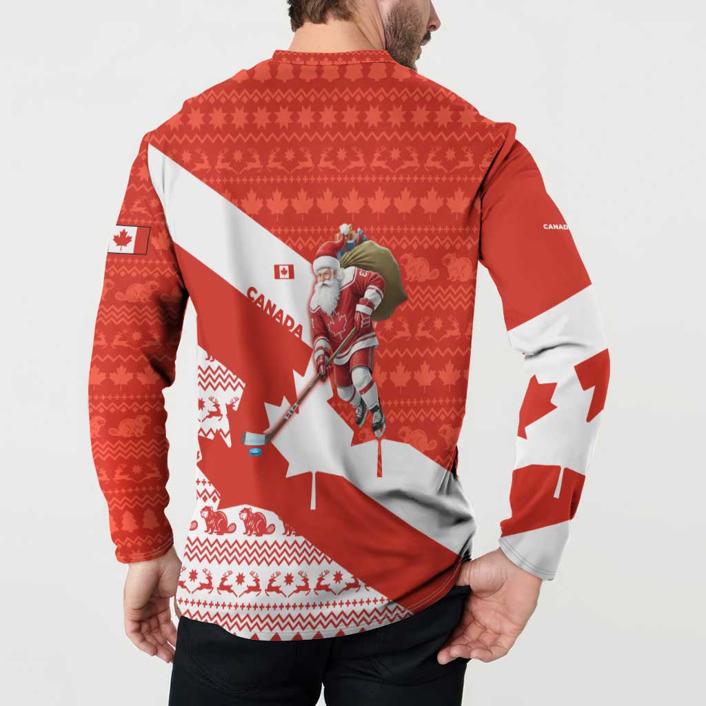 Canada Christmas Button Sweatshirt with Santa Playing Hockey Maple Leaf Flag and Red White Knit Pattern Design - Wonder Print Shop