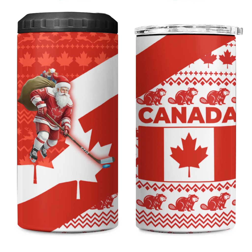 Canada Christmas 4 in 1 Can Cooler Tumbler with Santa Playing Hockey Maple Leaf Flag and Red White Knit Pattern Design - Wonder Print Shop