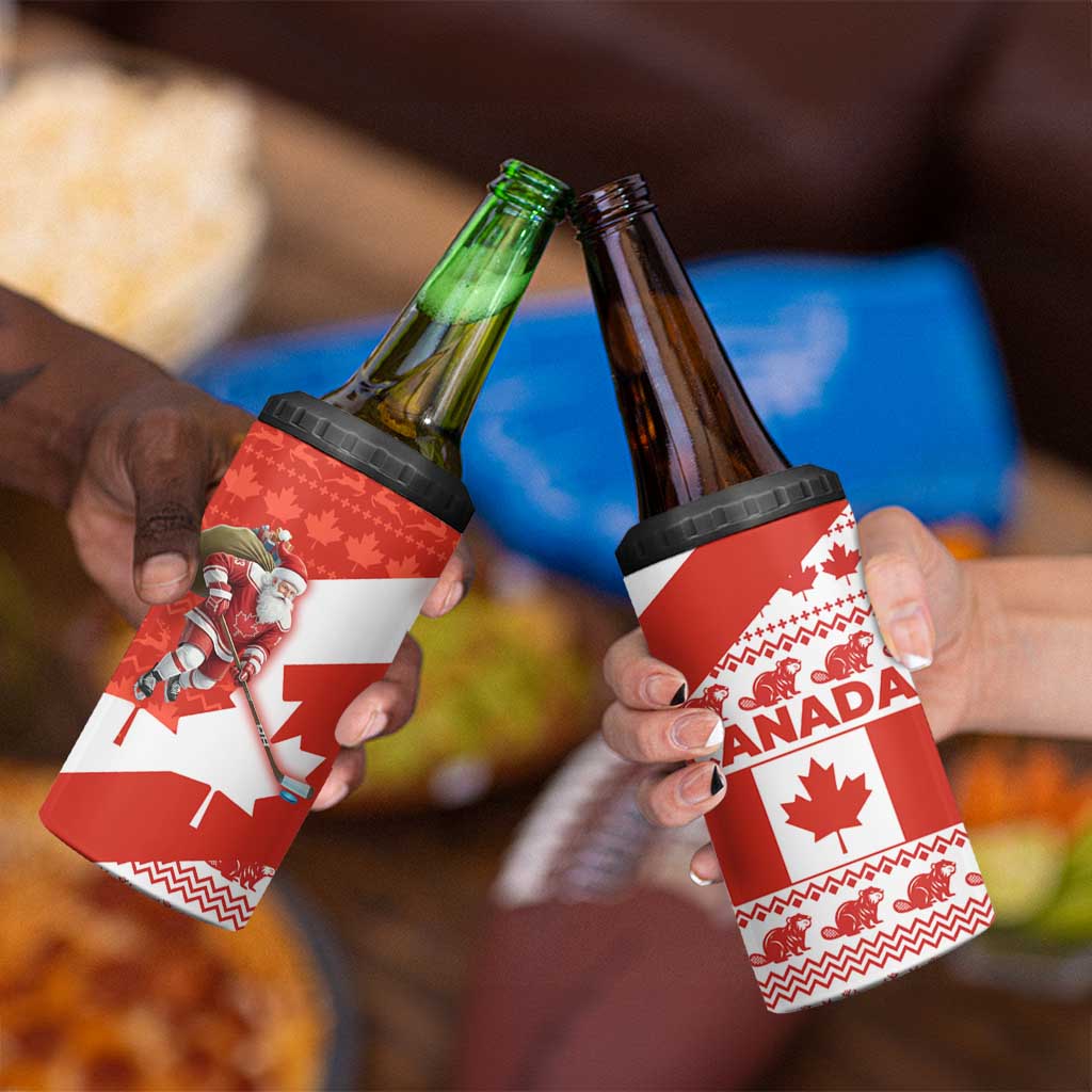 Canada Christmas 4 in 1 Can Cooler Tumbler with Santa Playing Hockey Maple Leaf Flag and Red White Knit Pattern Design - Wonder Print Shop