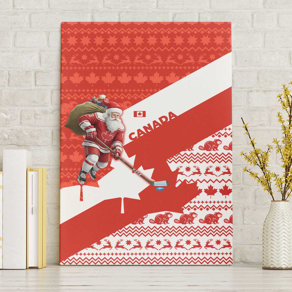 Canada Christmas Canvas Wall Art with Santa Playing Hockey Maple Leaf Flag and Red White Knit Pattern Design - Wonder Print Shop