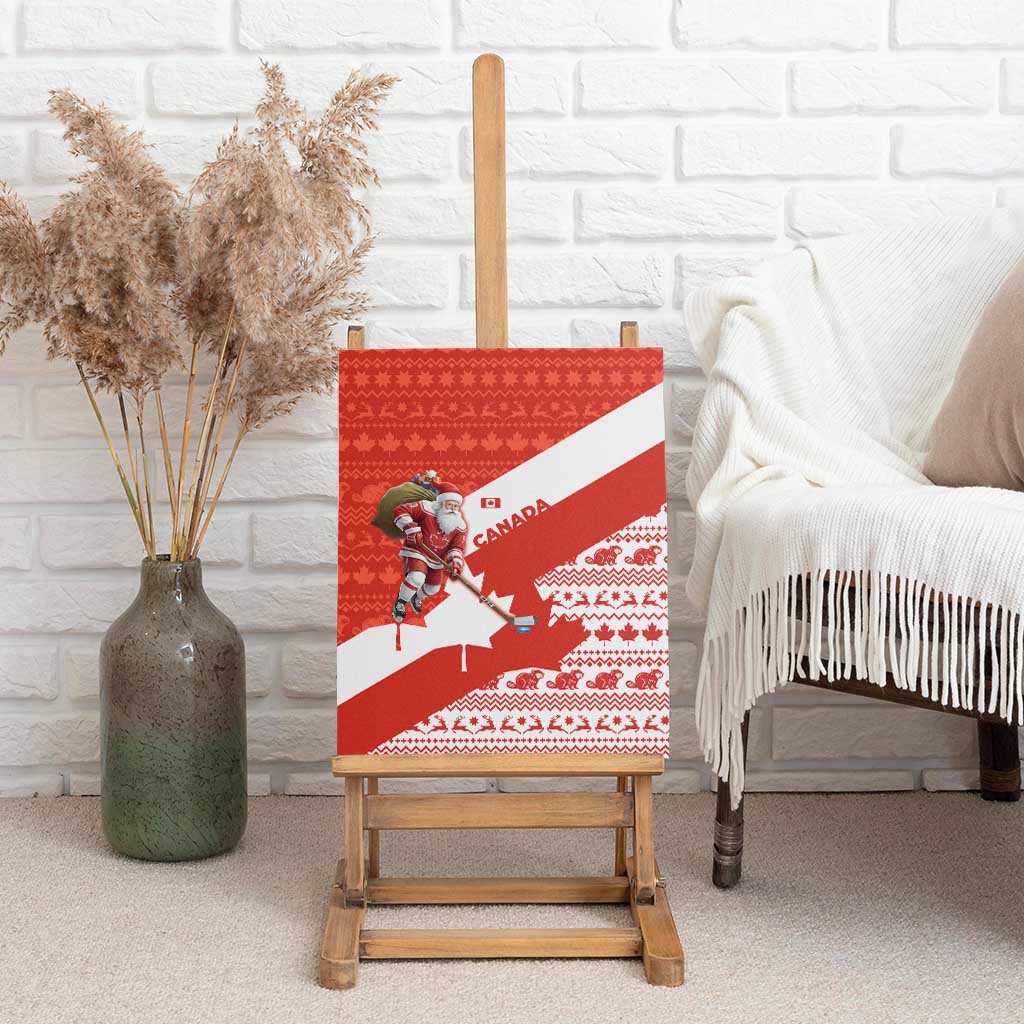 Canada Christmas Canvas Wall Art with Santa Playing Hockey Maple Leaf Flag and Red White Knit Pattern Design - Wonder Print Shop