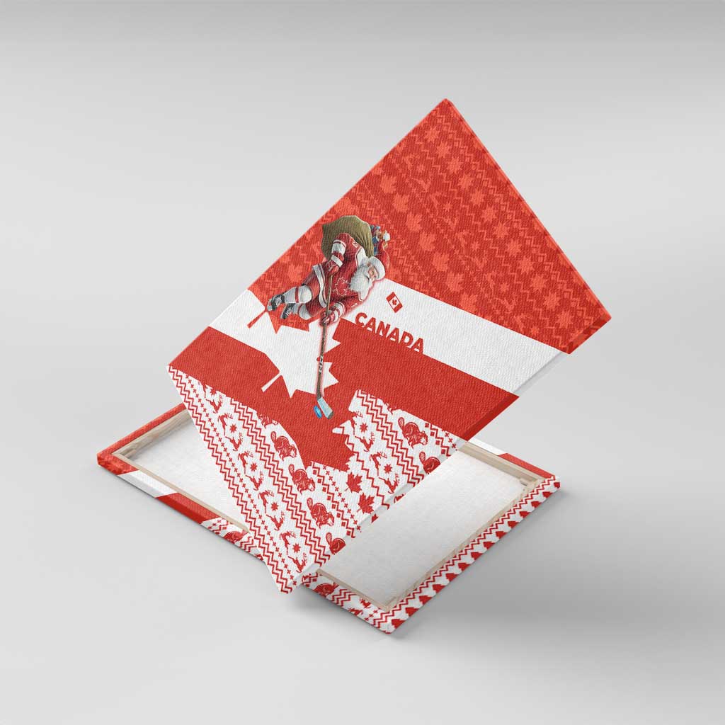 Canada Christmas Canvas Wall Art with Santa Playing Hockey Maple Leaf Flag and Red White Knit Pattern Design - Wonder Print Shop