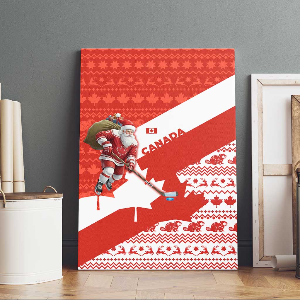 Canada Christmas Canvas Wall Art with Santa Playing Hockey Maple Leaf Flag and Red White Knit Pattern Design - Wonder Print Shop