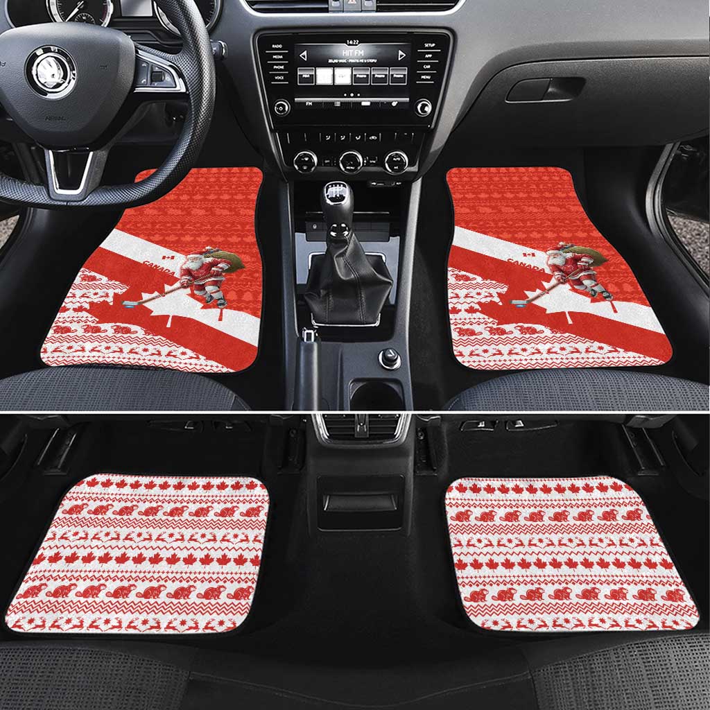Canada Christmas Car Mats with Santa Playing Hockey Maple Leaf Flag and Red White Knit Pattern Design - Wonder Print Shop