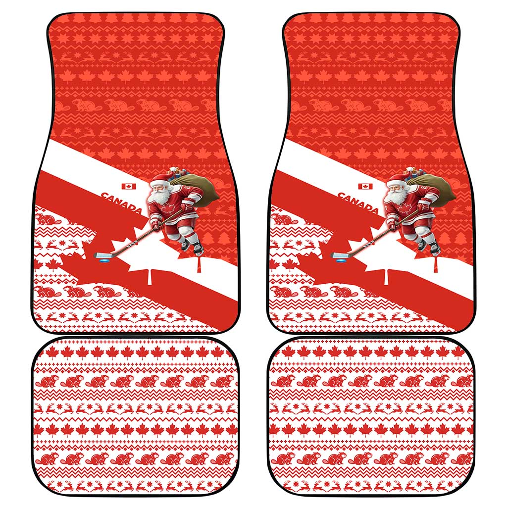 Canada Christmas Car Mats with Santa Playing Hockey Maple Leaf Flag and Red White Knit Pattern Design - Wonder Print Shop
