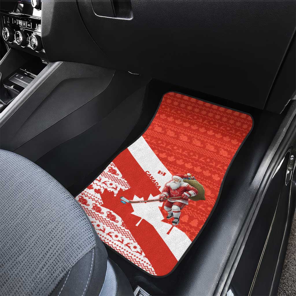 Canada Christmas Car Mats with Santa Playing Hockey Maple Leaf Flag and Red White Knit Pattern Design - Wonder Print Shop