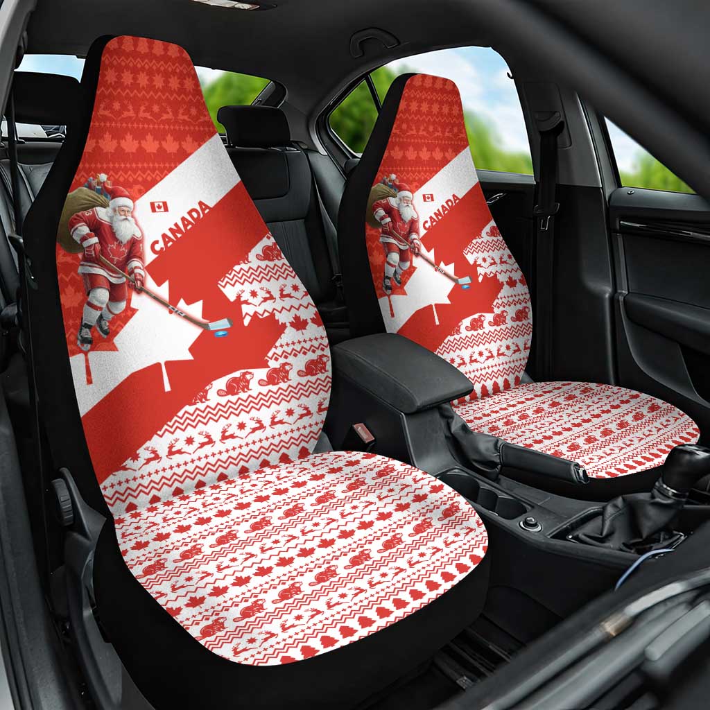 Canada Christmas Car Seat Cover with Santa Playing Hockey Maple Leaf Flag and Red White Knit Pattern Design - Wonder Print Shop