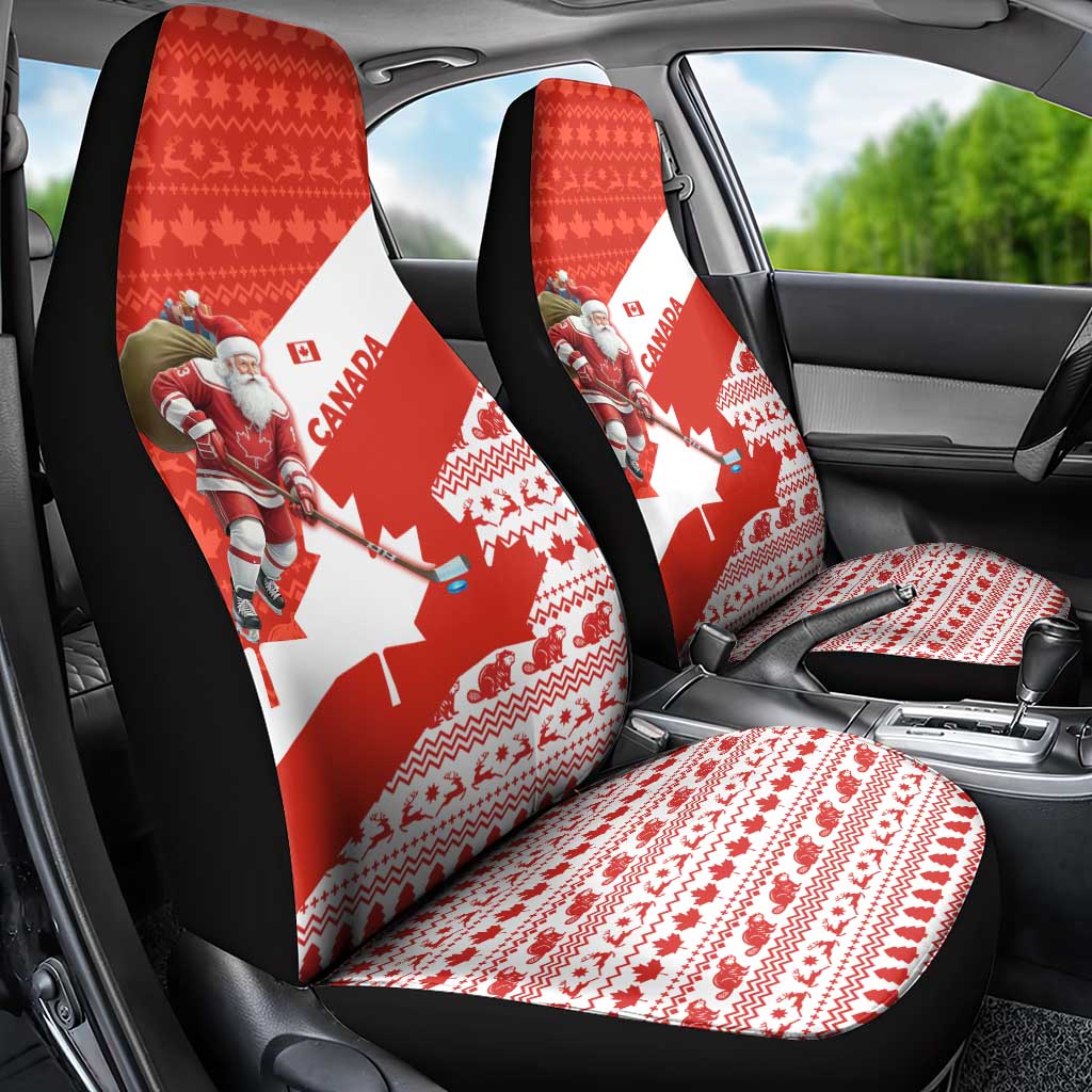 Canada Christmas Car Seat Cover with Santa Playing Hockey Maple Leaf Flag and Red White Knit Pattern Design - Wonder Print Shop