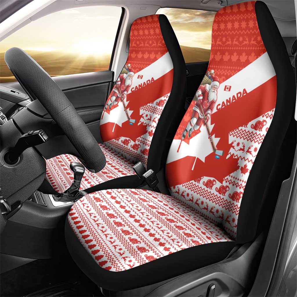 Canada Christmas Car Seat Cover with Santa Playing Hockey Maple Leaf Flag and Red White Knit Pattern Design - Wonder Print Shop