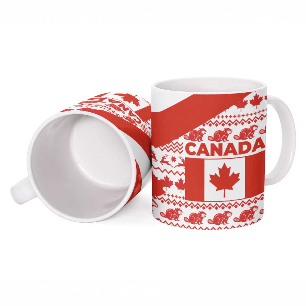 Canada Christmas Ceramic Mug with Santa Playing Hockey Maple Leaf Flag and Red White Knit Pattern Design - Wonder Print Shop