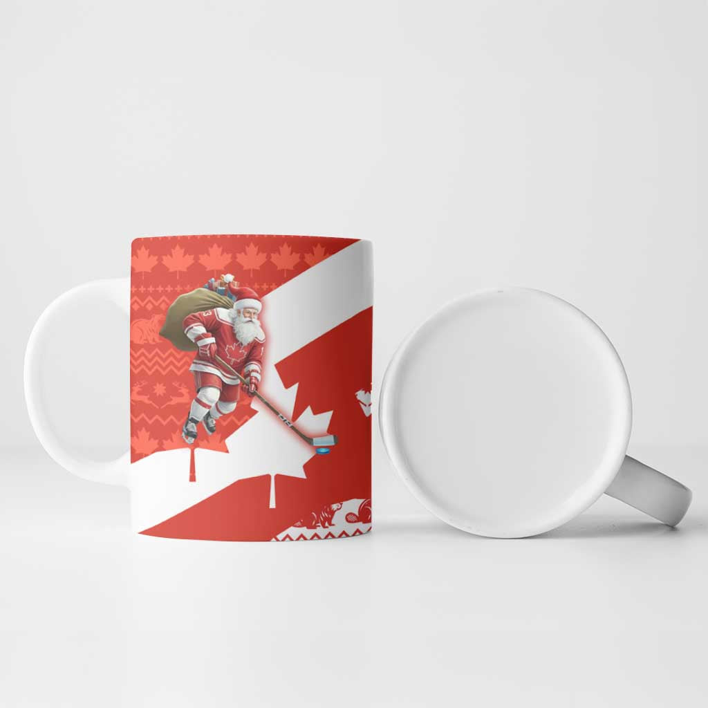 Canada Christmas Ceramic Mug with Santa Playing Hockey Maple Leaf Flag and Red White Knit Pattern Design - Wonder Print Shop