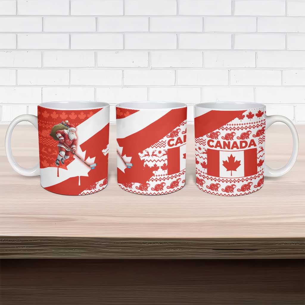 Canada Christmas Ceramic Mug with Santa Playing Hockey Maple Leaf Flag and Red White Knit Pattern Design - Wonder Print Shop
