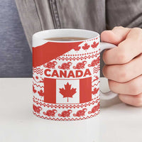 Canada Christmas Ceramic Mug with Santa Playing Hockey Maple Leaf Flag and Red White Knit Pattern Design - Wonder Print Shop