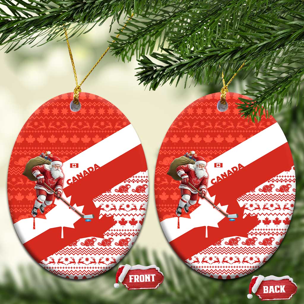Canada Christmas Ceramic Ornament with Santa Playing Hockey Maple Leaf Flag and Red White Knit Pattern Design - Wonder Print Shop