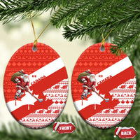 Canada Christmas Ceramic Ornament with Santa Playing Hockey Maple Leaf Flag and Red White Knit Pattern Design - Wonder Print Shop