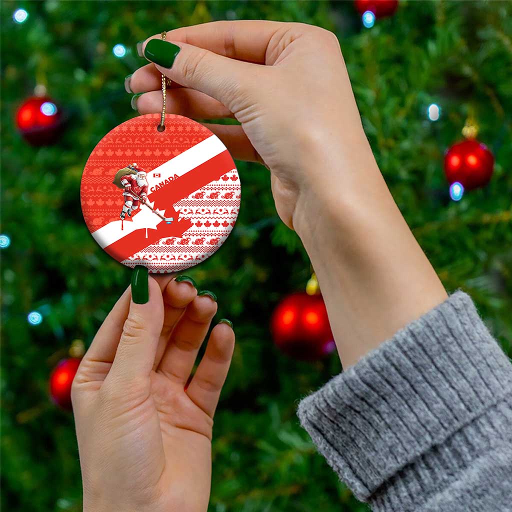 Canada Christmas Ceramic Ornament with Santa Playing Hockey Maple Leaf Flag and Red White Knit Pattern Design - Wonder Print Shop