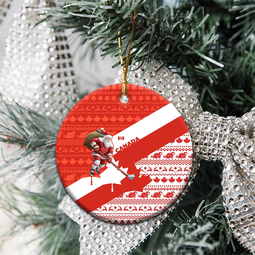 Canada Christmas Ceramic Ornament with Santa Playing Hockey Maple Leaf Flag and Red White Knit Pattern Design - Wonder Print Shop
