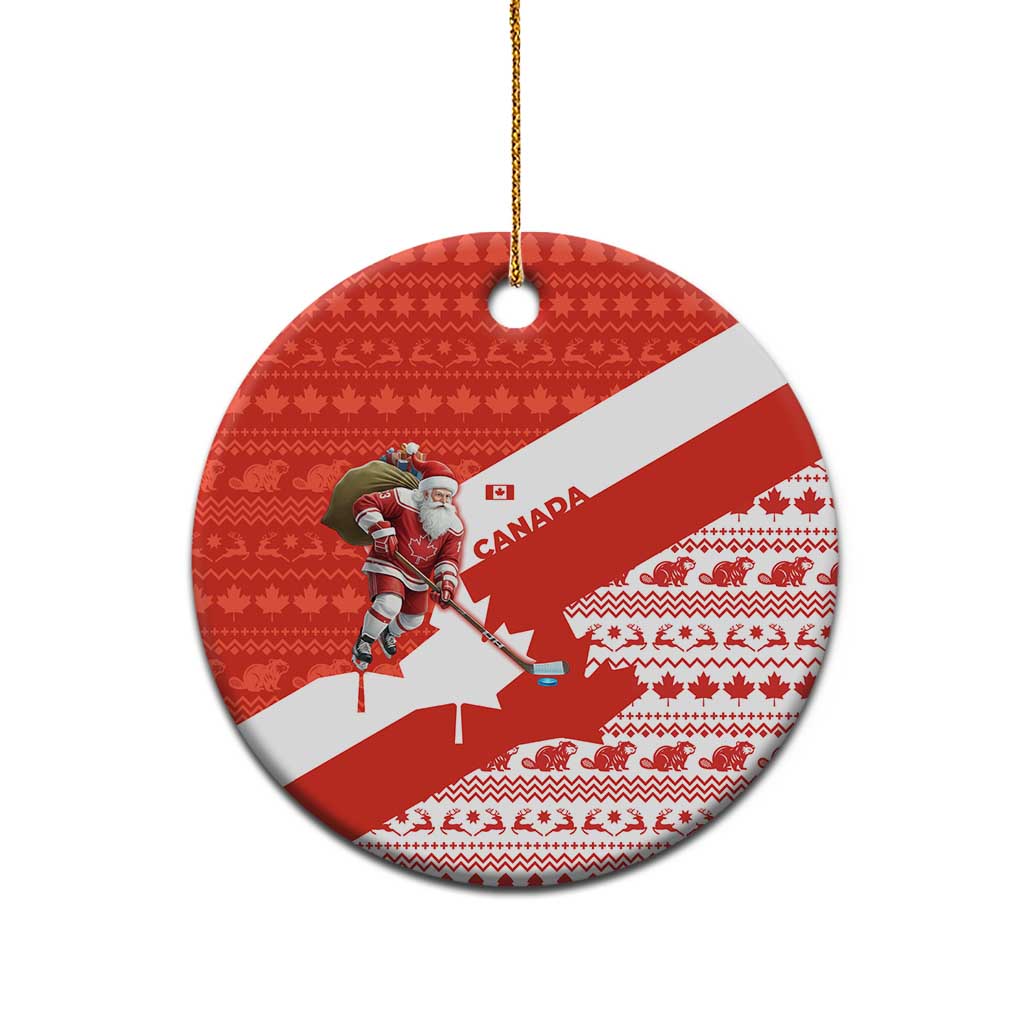 Canada Christmas Ceramic Ornament with Santa Playing Hockey Maple Leaf Flag and Red White Knit Pattern Design - Wonder Print Shop