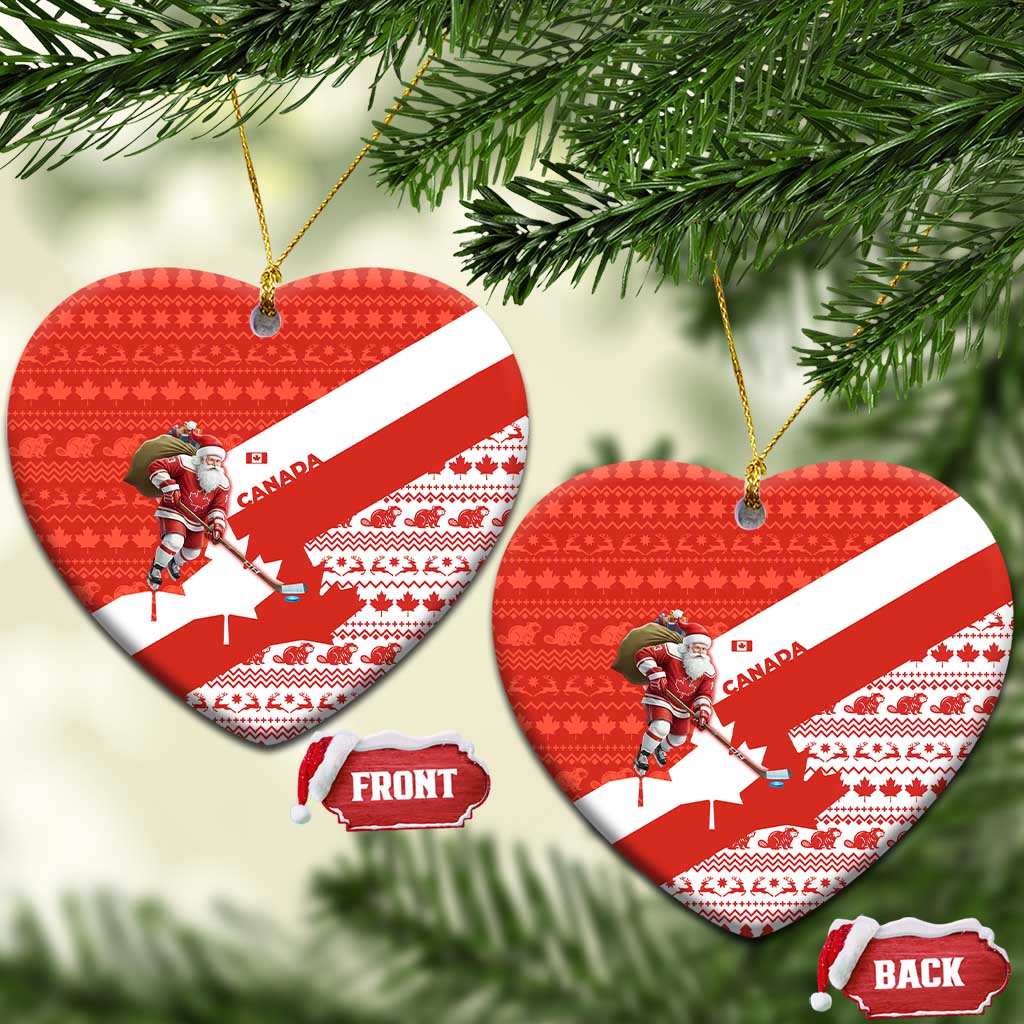 Canada Christmas Ceramic Ornament with Santa Playing Hockey Maple Leaf Flag and Red White Knit Pattern Design - Wonder Print Shop