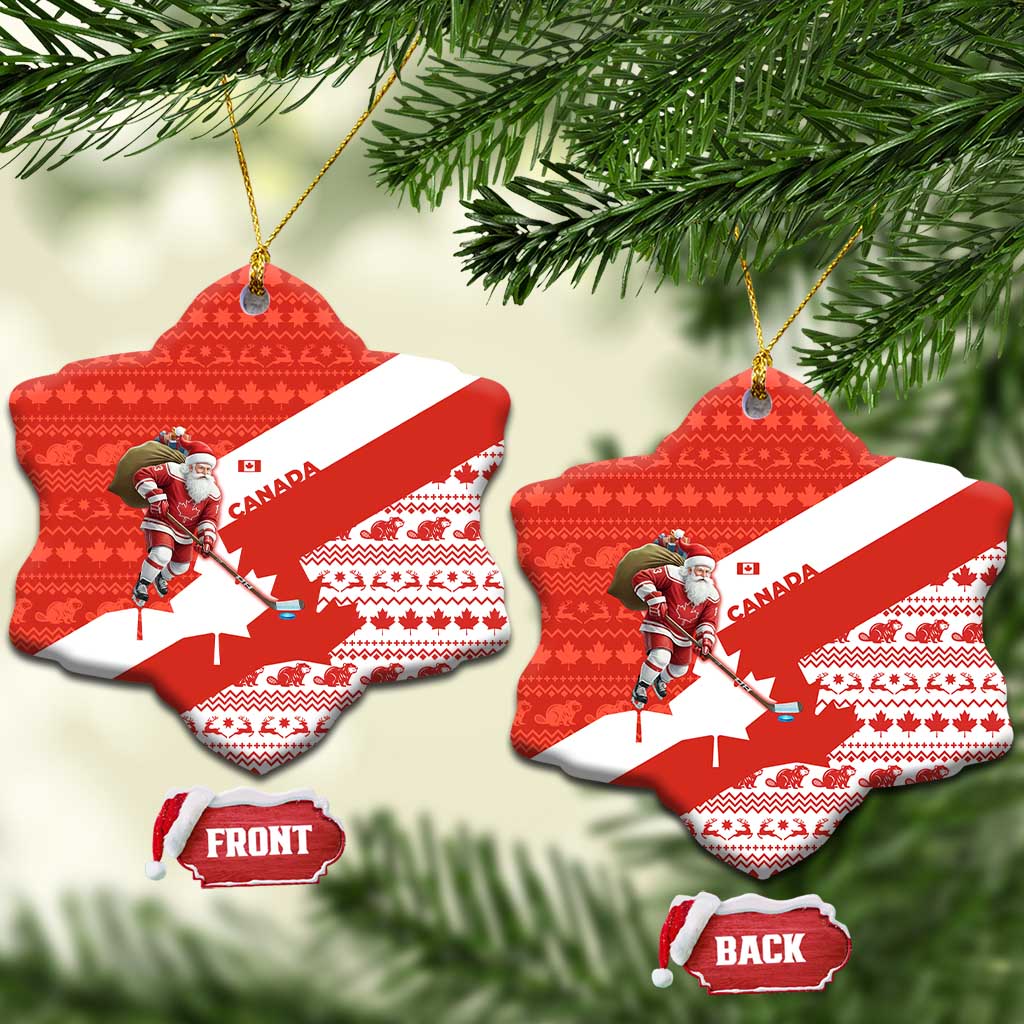 Canada Christmas Ceramic Ornament with Santa Playing Hockey Maple Leaf Flag and Red White Knit Pattern Design - Wonder Print Shop