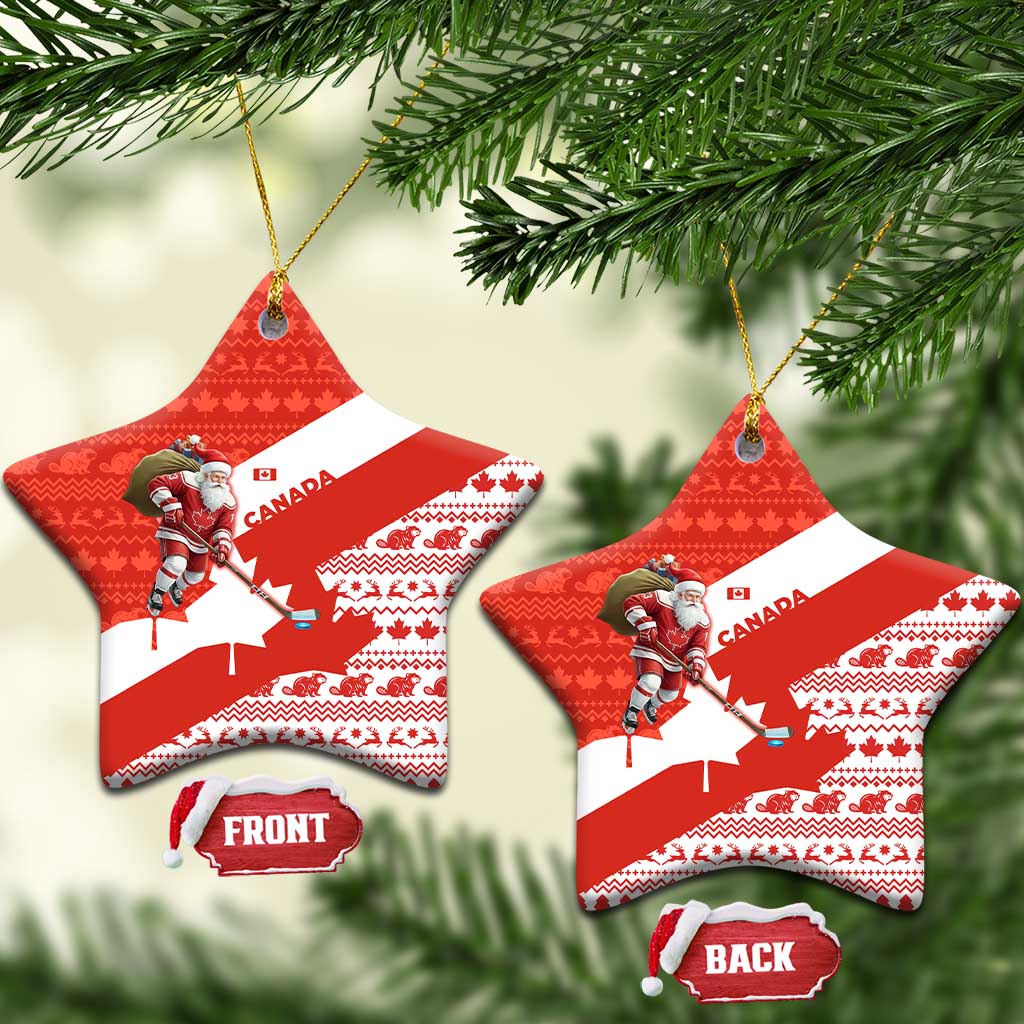 Canada Christmas Ceramic Ornament with Santa Playing Hockey Maple Leaf Flag and Red White Knit Pattern Design - Wonder Print Shop