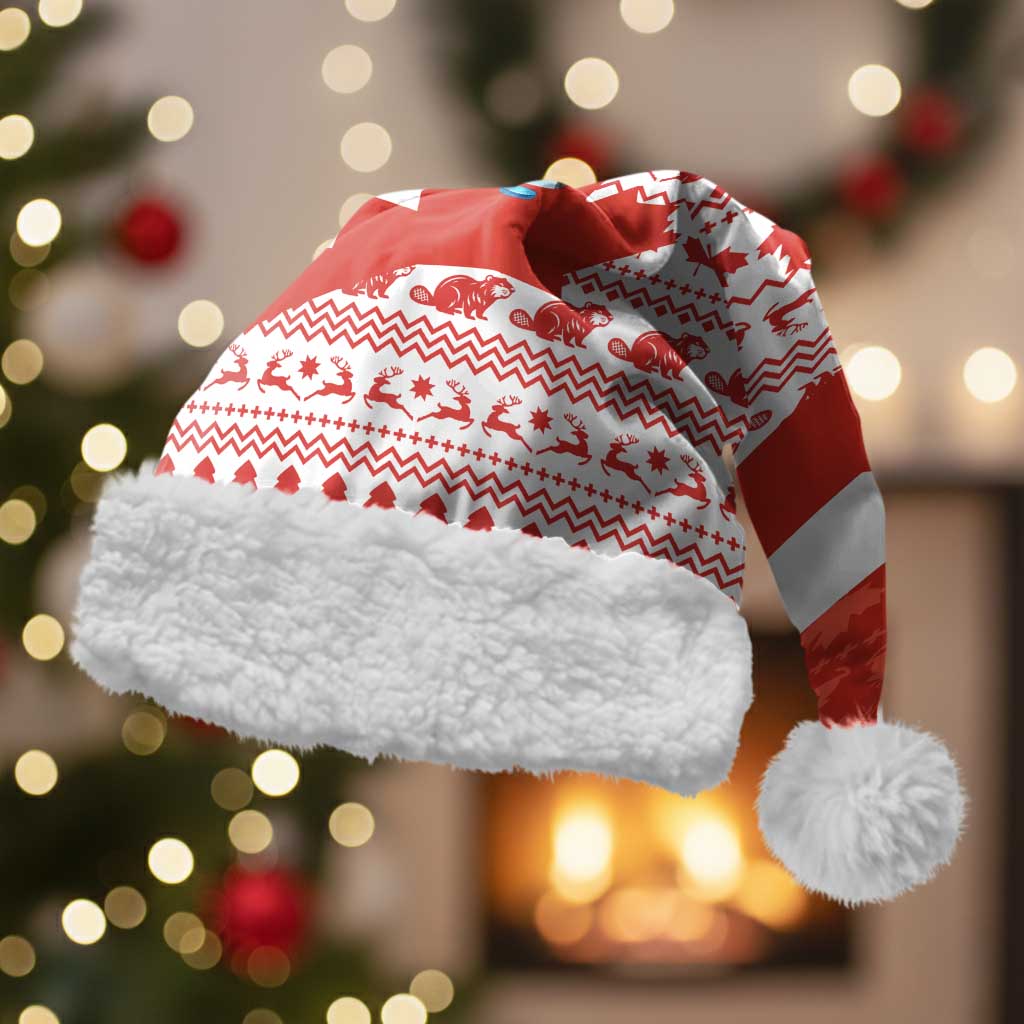 Canada Christmas Santa Hat with Santa Playing Hockey Maple Leaf Flag and Red White Knit Pattern Design - Wonder Print Shop