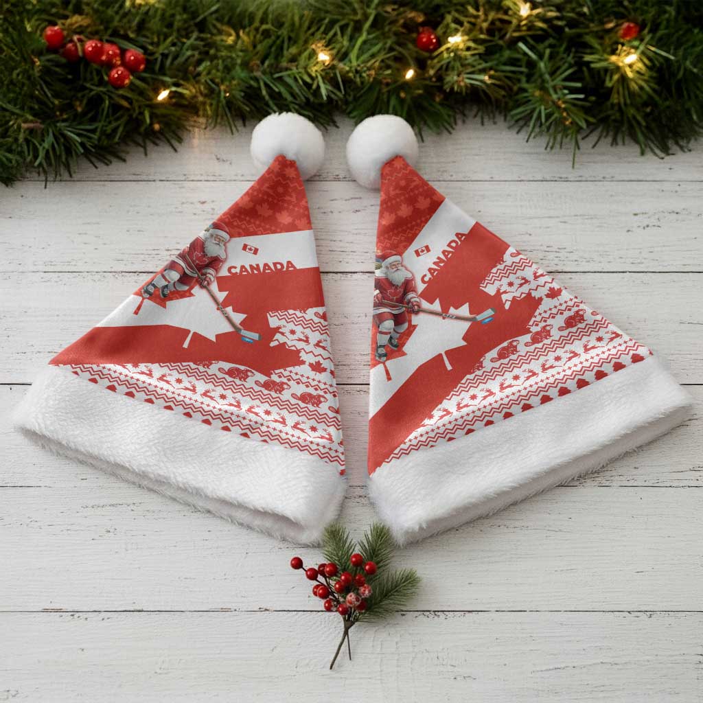 Canada Christmas Santa Hat with Santa Playing Hockey Maple Leaf Flag and Red White Knit Pattern Design - Wonder Print Shop