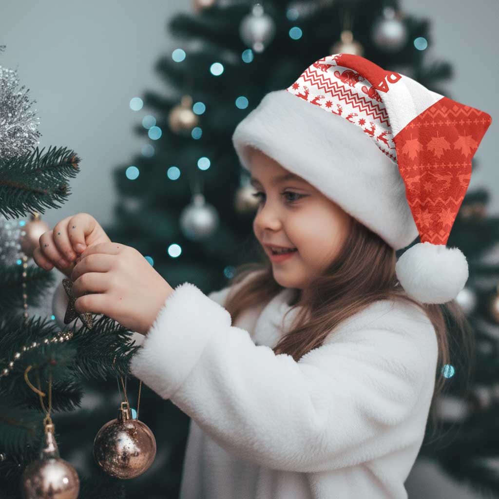 Canada Christmas Santa Hat with Santa Playing Hockey Maple Leaf Flag and Red White Knit Pattern Design - Wonder Print Shop