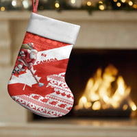 Canada Christmas Stocking with Santa Playing Hockey Maple Leaf Flag and Red White Knit Pattern Design - Wonder Print Shop