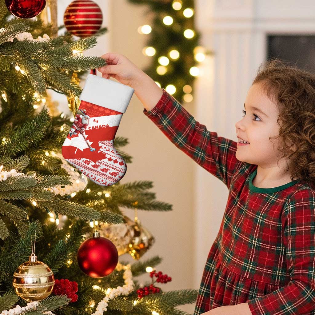 Canada Christmas Stocking with Santa Playing Hockey Maple Leaf Flag and Red White Knit Pattern Design - Wonder Print Shop