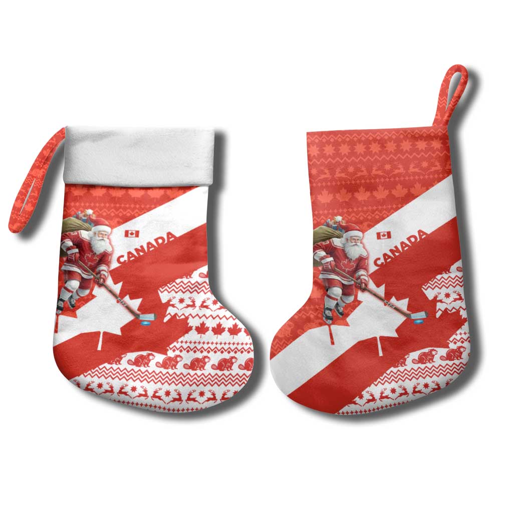 Canada Christmas Stocking with Santa Playing Hockey Maple Leaf Flag and Red White Knit Pattern Design - Wonder Print Shop
