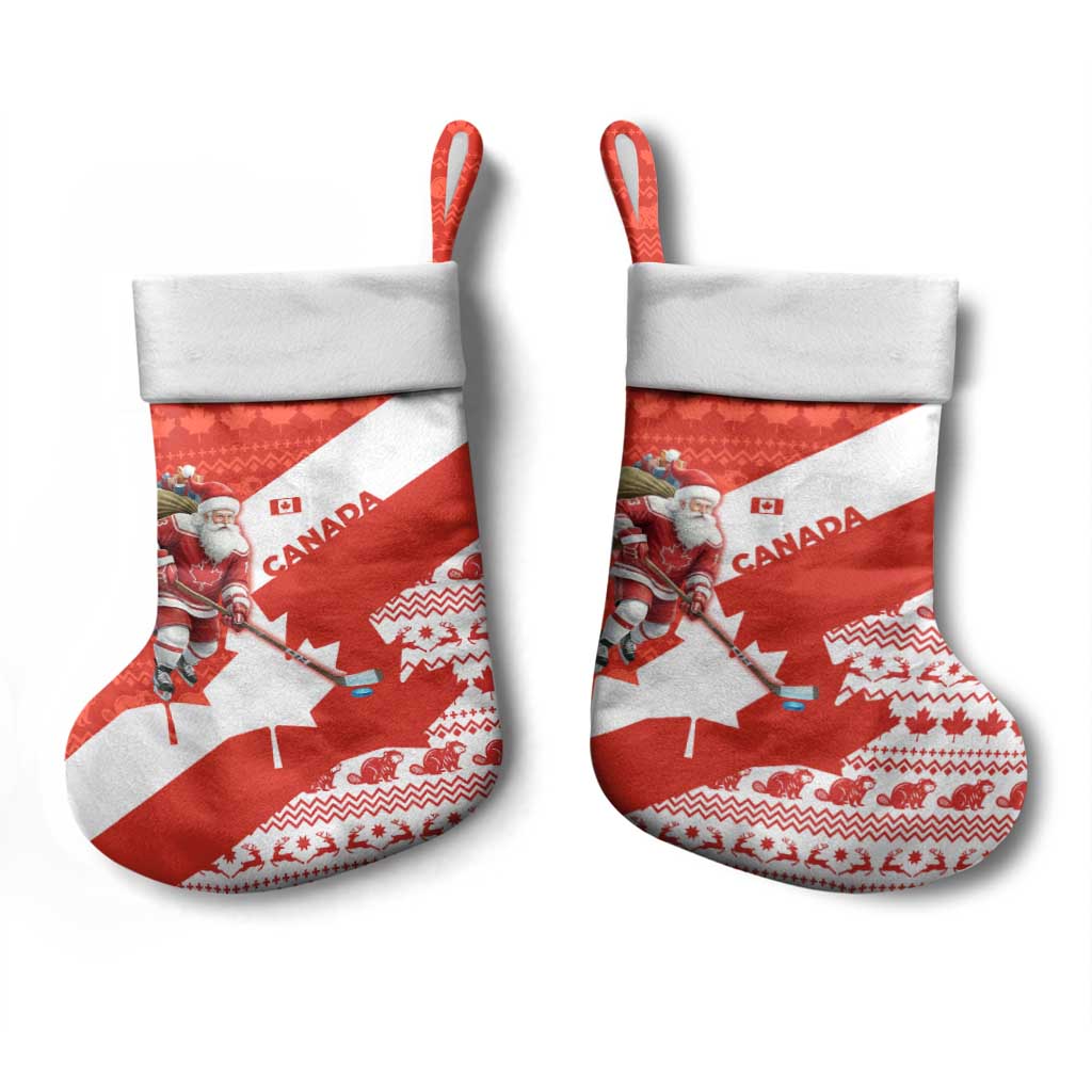 Canada Christmas Stocking with Santa Playing Hockey Maple Leaf Flag and Red White Knit Pattern Design - Wonder Print Shop