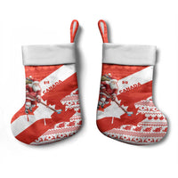 Canada Christmas Stocking with Santa Playing Hockey Maple Leaf Flag and Red White Knit Pattern Design - Wonder Print Shop