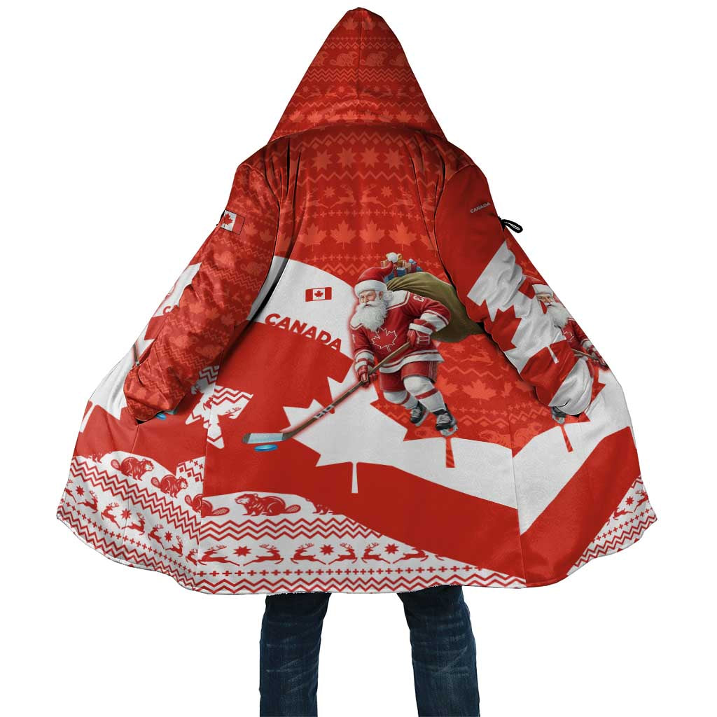 Canada Christmas Cloak with Santa Playing Hockey Maple Leaf Flag and Red White Knit Pattern Design - Wonder Print Shop
