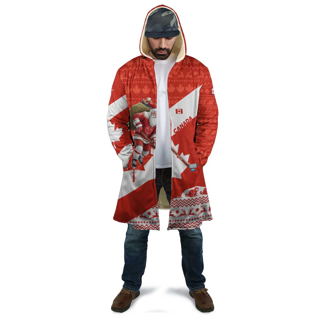 Canada Christmas Cloak with Santa Playing Hockey Maple Leaf Flag and Red White Knit Pattern Design - Wonder Print Shop