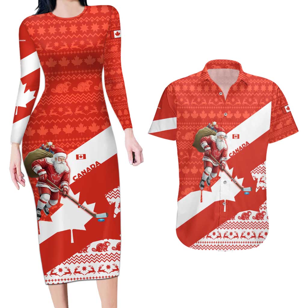 Canada Christmas Couples Matching Long Sleeve Bodycon Dress and Hawaiian Shirt with Santa Playing Hockey Maple Leaf Flag and Red White Knit Pattern Design - Wonder Print Shop