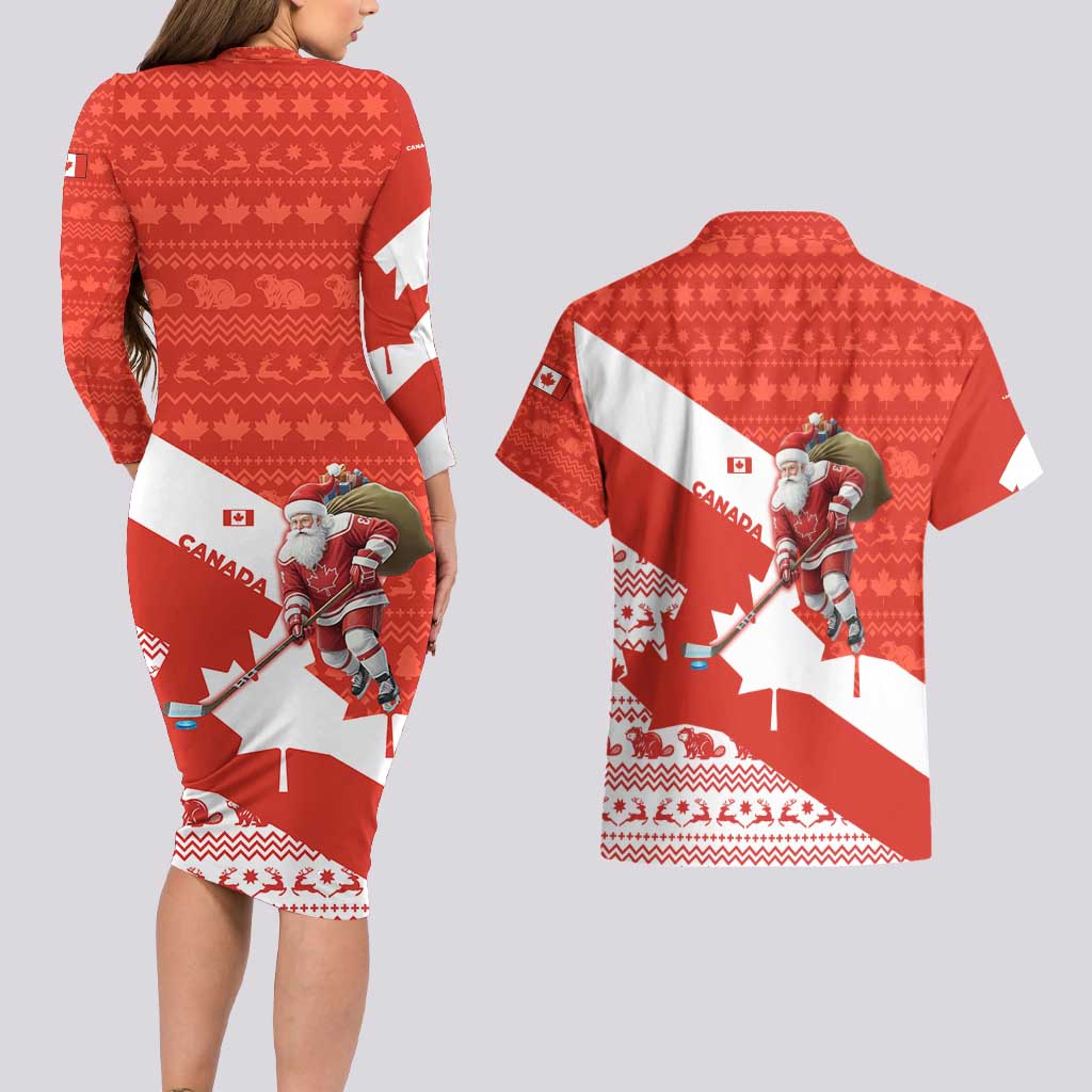 Canada Christmas Couples Matching Long Sleeve Bodycon Dress and Hawaiian Shirt with Santa Playing Hockey Maple Leaf Flag and Red White Knit Pattern Design - Wonder Print Shop