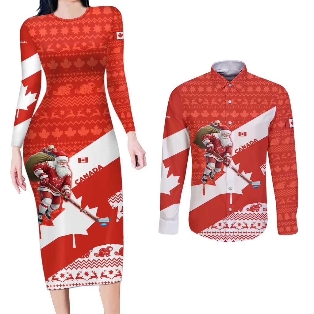 Canada Christmas Couples Matching Long Sleeve Bodycon Dress and Long Sleeve Button Shirt with Santa Playing Hockey Maple Leaf Flag and Red White Knit Pattern Design - Wonder Print Shop