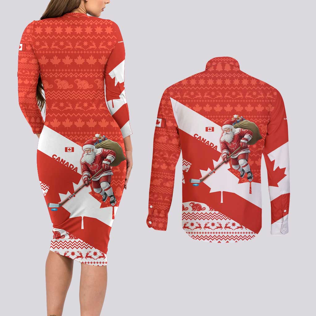 Canada Christmas Couples Matching Long Sleeve Bodycon Dress and Long Sleeve Button Shirt with Santa Playing Hockey Maple Leaf Flag and Red White Knit Pattern Design - Wonder Print Shop