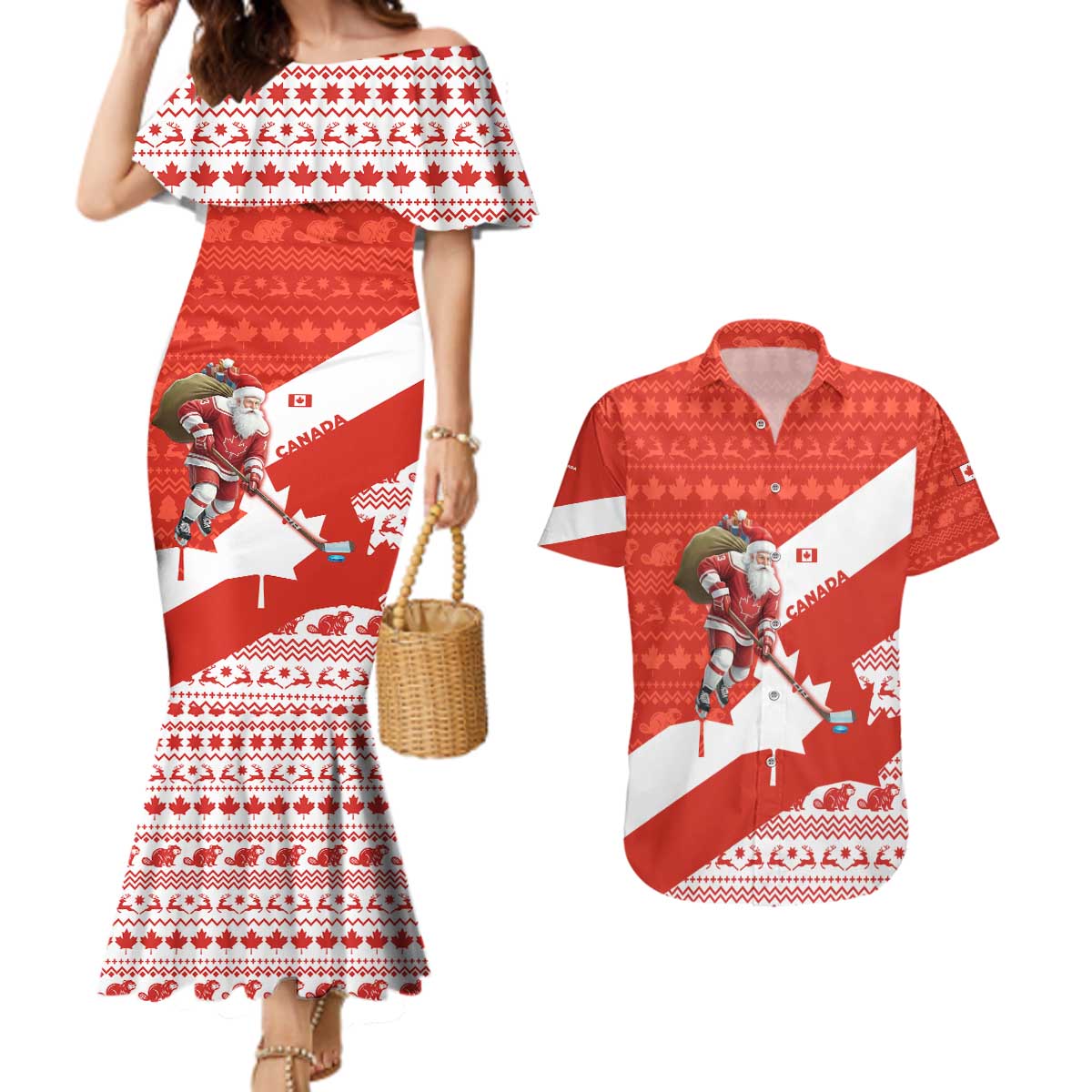 Canada Christmas Couples Matching Mermaid Dress and Hawaiian Shirt with Santa Playing Hockey Maple Leaf Flag and Red White Knit Pattern Design - Wonder Print Shop