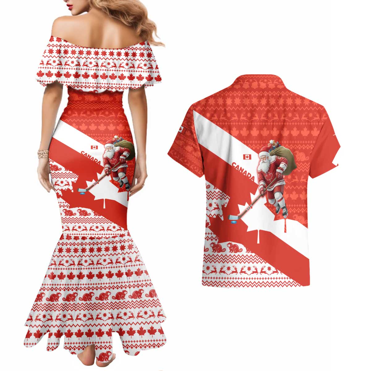 Canada Christmas Couples Matching Mermaid Dress and Hawaiian Shirt with Santa Playing Hockey Maple Leaf Flag and Red White Knit Pattern Design - Wonder Print Shop