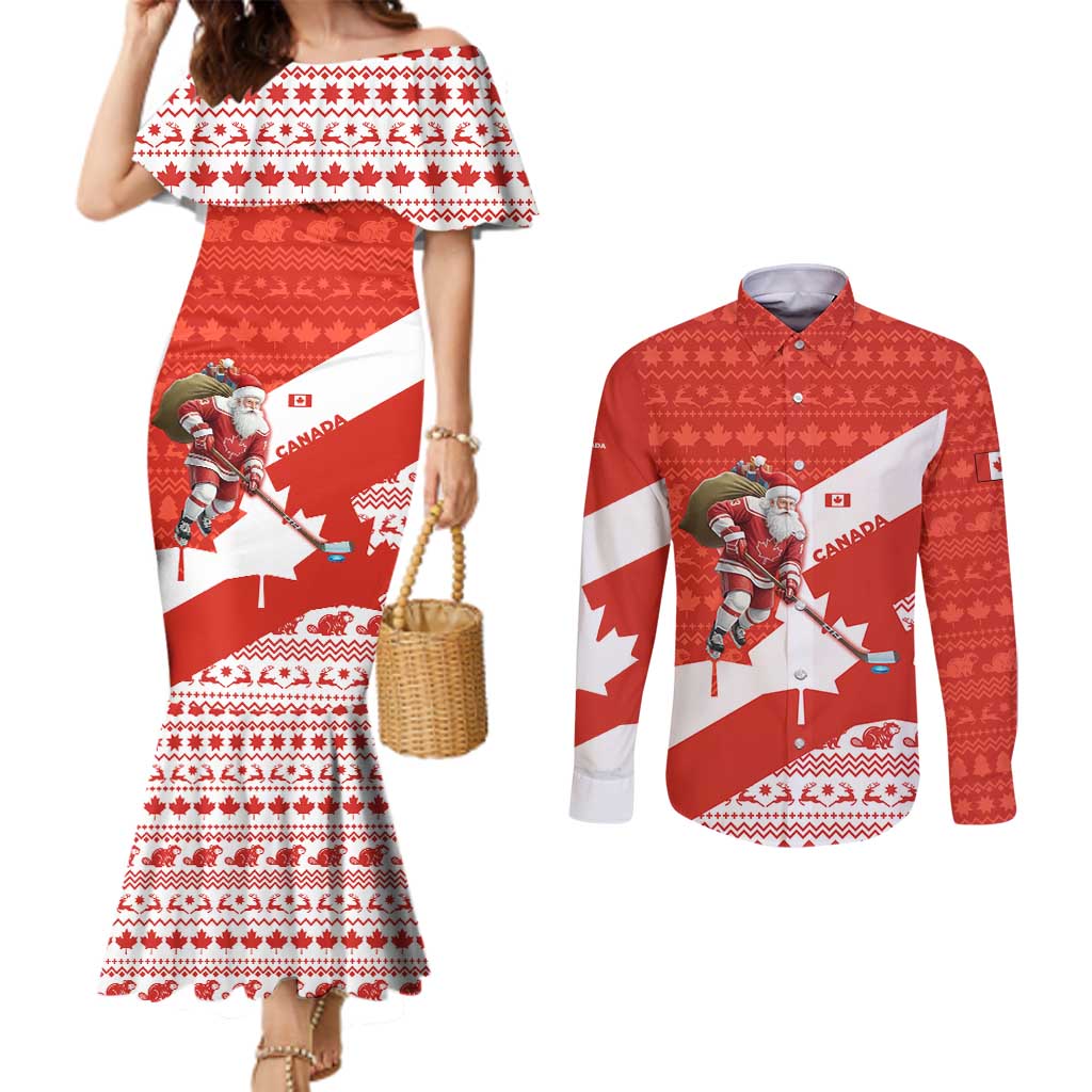 Canada Christmas Couples Matching Mermaid Dress and Long Sleeve Button Shirt with Santa Playing Hockey Maple Leaf Flag and Red White Knit Pattern Design - Wonder Print Shop