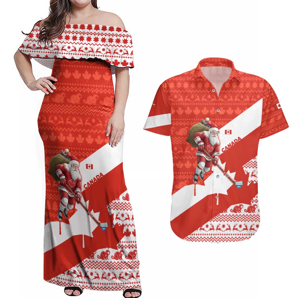 Canada Christmas Couples Matching Off Shoulder Maxi Dress and Hawaiian Shirt with Santa Playing Hockey Maple Leaf Flag and Red White Knit Pattern Design - Wonder Print Shop