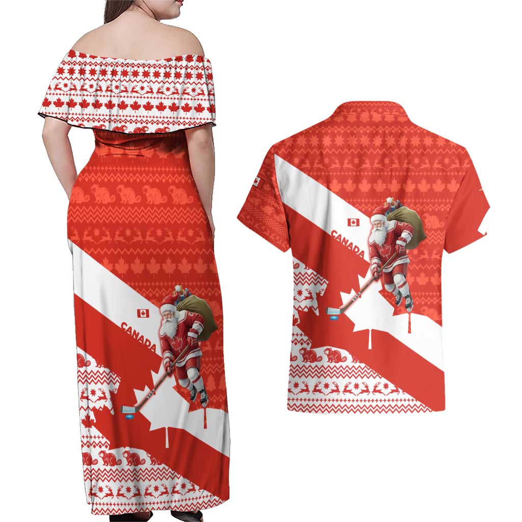 Canada Christmas Couples Matching Off Shoulder Maxi Dress and Hawaiian Shirt with Santa Playing Hockey Maple Leaf Flag and Red White Knit Pattern Design - Wonder Print Shop