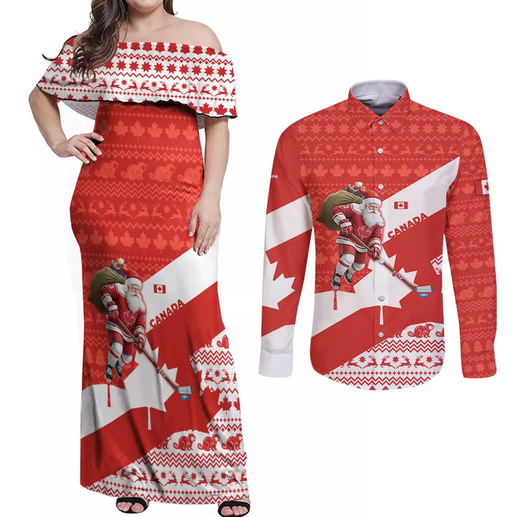 Canada Christmas Couples Matching Off Shoulder Maxi Dress and Long Sleeve Button Shirt with Santa Playing Hockey Maple Leaf Flag and Red White Knit Pattern Design - Wonder Print Shop