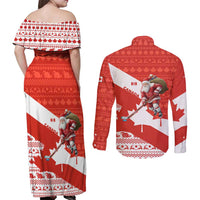 Canada Christmas Couples Matching Off Shoulder Maxi Dress and Long Sleeve Button Shirt with Santa Playing Hockey Maple Leaf Flag and Red White Knit Pattern Design - Wonder Print Shop