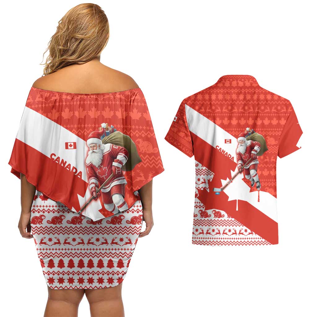 Canada Christmas Couples Matching Off Shoulder Short Dress and Hawaiian Shirt with Santa Playing Hockey Maple Leaf Flag and Red White Knit Pattern Design - Wonder Print Shop