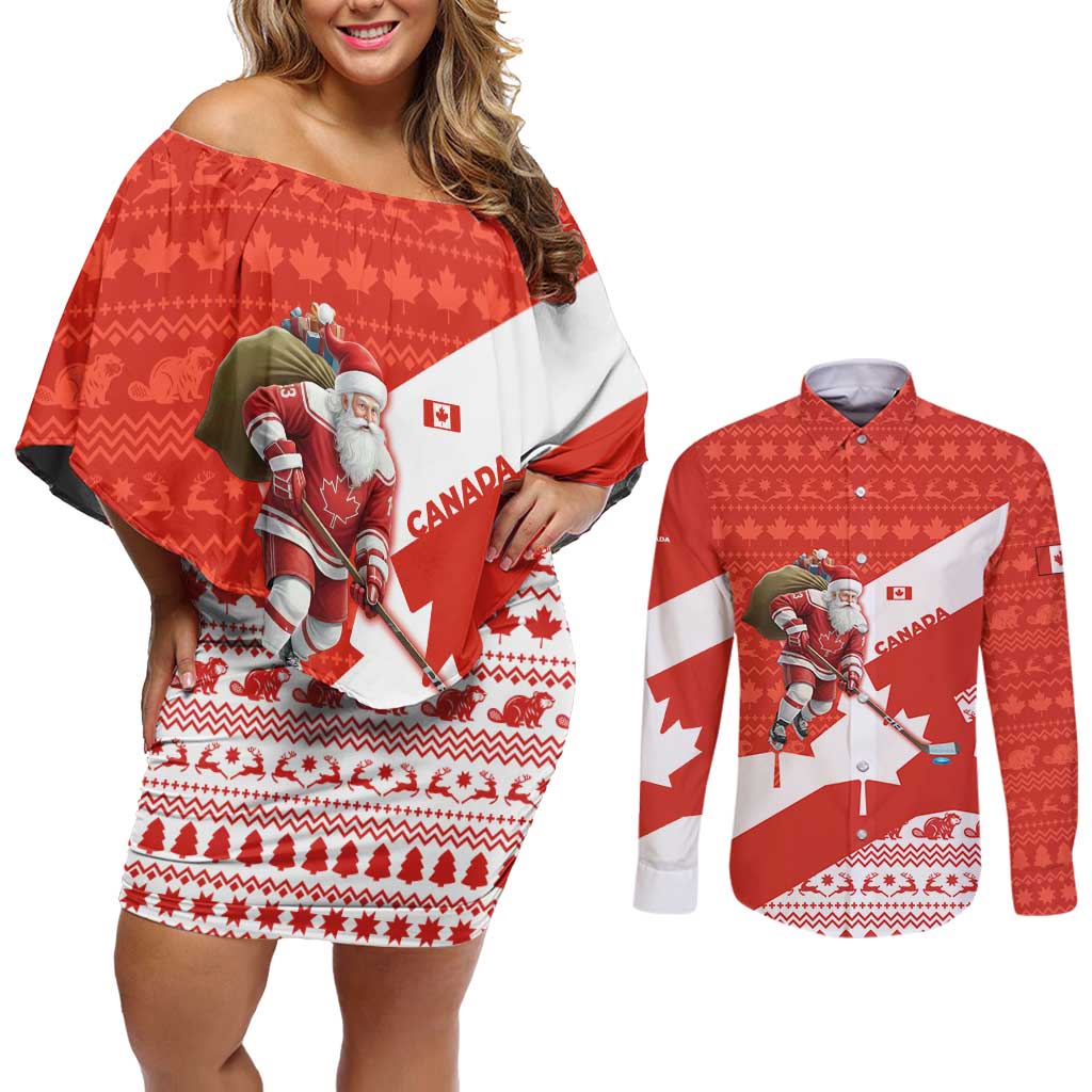 Canada Christmas Couples Matching Off Shoulder Short Dress and Long Sleeve Button Shirt with Santa Playing Hockey Maple Leaf Flag and Red White Knit Pattern Design - Wonder Print Shop