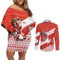Canada Christmas Couples Matching Off Shoulder Short Dress and Long Sleeve Button Shirt with Santa Playing Hockey Maple Leaf Flag and Red White Knit Pattern Design - Wonder Print Shop